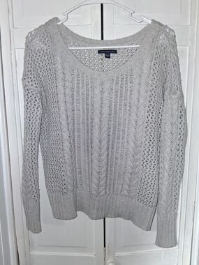 American Eagle Outfitters Light Gray Open-Knit Cable Scoop Sweater